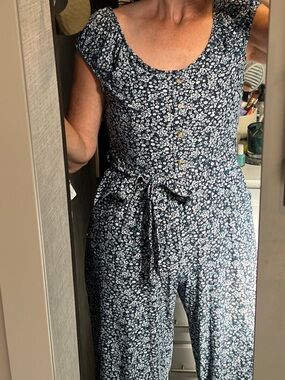 Ditsy floral Jumpsuit Navy Blue white teal with pockets with Tie Waist cozy soft